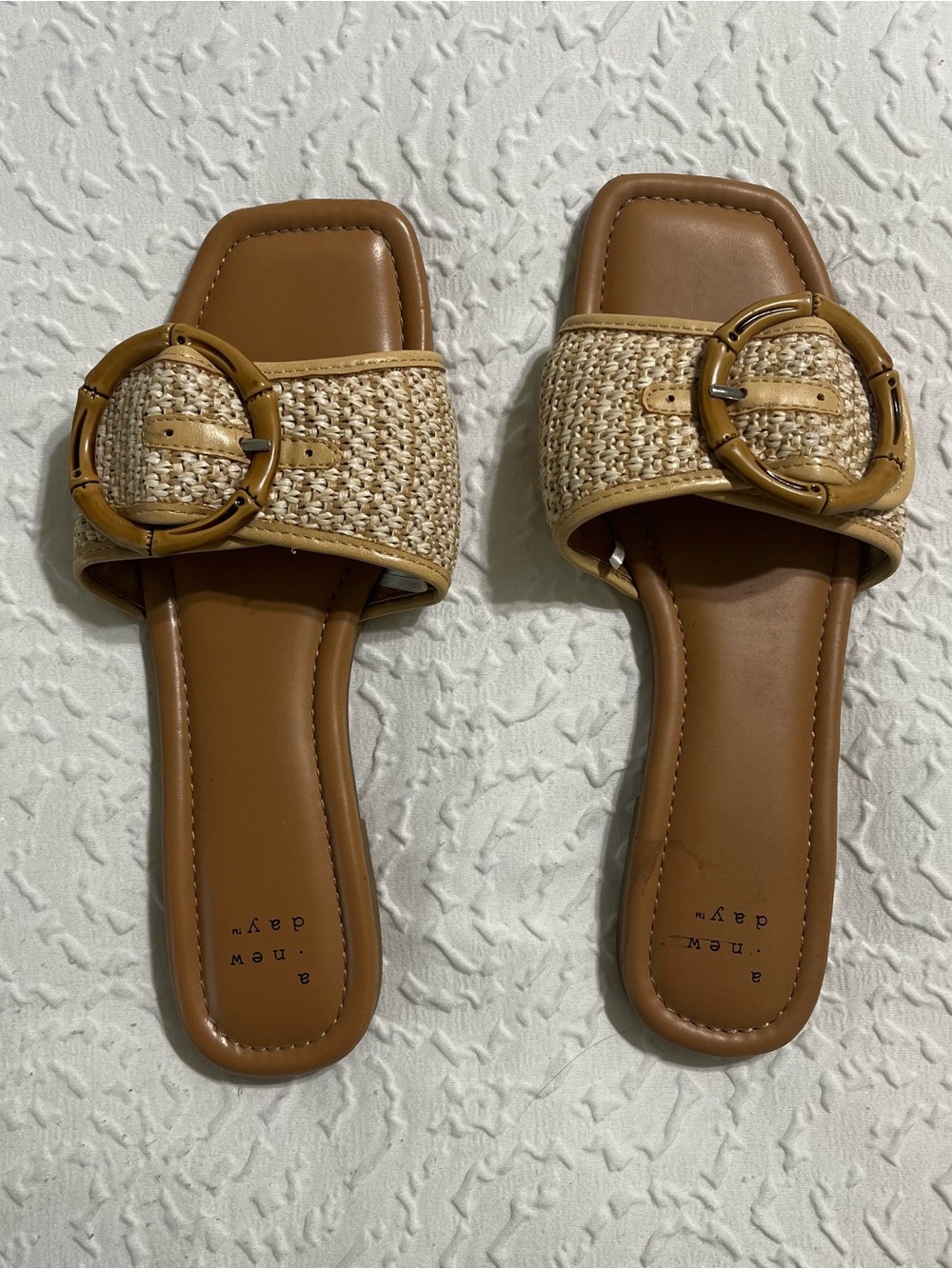 Target Brown and Natural Woven Slide Sandals with Round Buckle